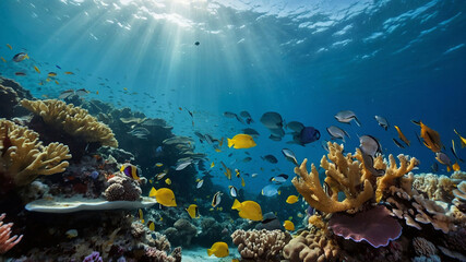 An underwater scene with colorful coral reefs and diverse marine life, highlighting the beauty and...
