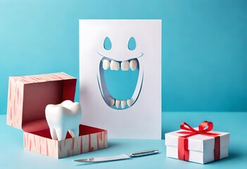 Dental greeting card. Paper tooth and gift box on a blue background