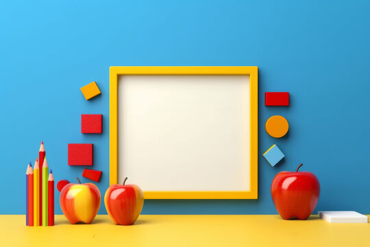 Colorful educational setup with red apples and pencils. Bright primary colors school stationery on blue. Creative office supplies arrangement with yellow picture frame.