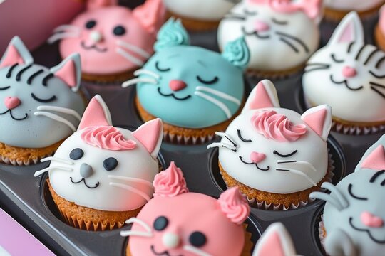 Custom cat face cupcakes for children's birthday parties. Handmade feline-themed desserts for special occasions. Artistic bakery creations with kitty designs for event catering.