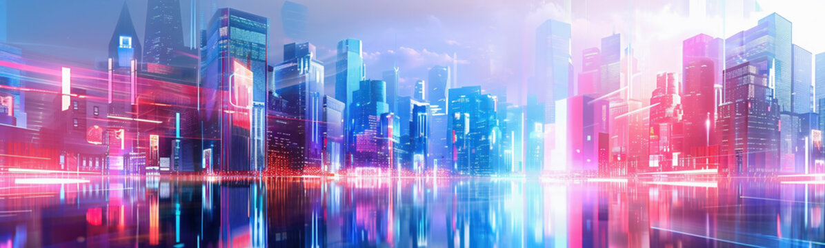 Abstract background with lights. Ultra modern city with 3D holograms, data and connectivity concept.