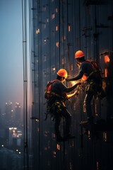 Two industrial climbers are seen scaling the towering facade of a building at night. They are illuminated by city lights, showcasing their risky ascent