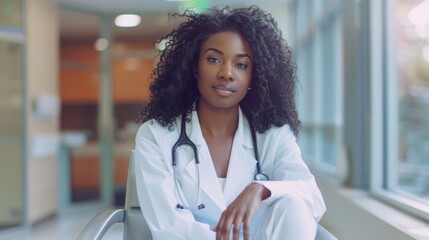 professional photograph beautiful 25-year-old blonde woman sitting chair hospital facing camera eye level wearing medical scrubs lab coat healthcare nurse doctor young attractive female portrait blond - obrazy, fototapety, plakaty