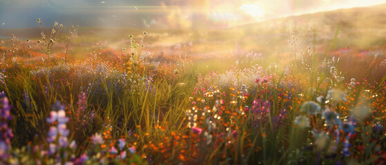 Sunset in the field. Panorama of a flowery meadow in the bright rays of the morning sun with a blurry light background.