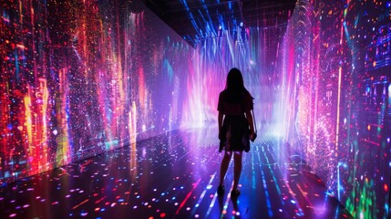 Woman Standing in Front of Colorful Light Tunnel