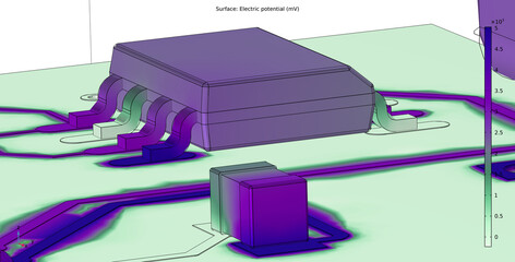 Computer 3d modeling of printed circuit
board of electronic device. Investigation of 
distribution of electric potential on surface
of pcb, conductors, components (capacitor, integrated circuit).