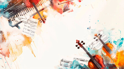 A detailed painting depicting a violin alongside scattered music notes on a background of muted colors, showcasing the elegance of musical instruments. Banner. Copy space