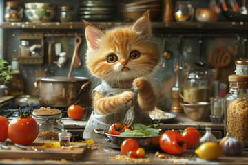 Funny whimsical illustration, cute kitten chef, preparing dinner in the kitchen.