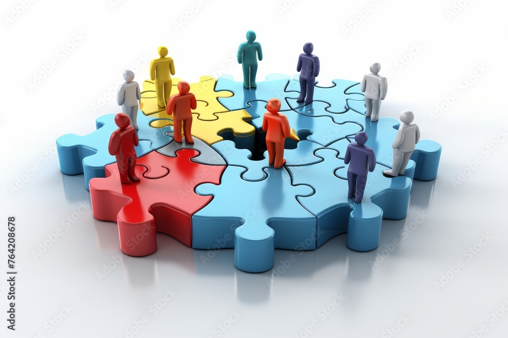 Poster business team assembling multi-colored puzzle on white background for coordinated teamwork concept