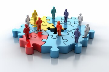 Business team assembling multi-colored puzzle on white background for coordinated teamwork concept