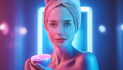 woman applying moisturizing skincare, lotion for body care and anti-aging, wears wrapped towel on head. On vibrant pink and blue neon lights background, beauty and spa concept, generate AI