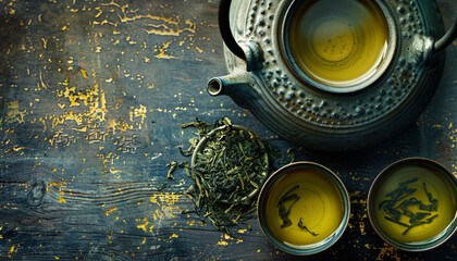 Traditional Green Tea Setup, Warm Tones, Loose Leaves Display on Distressed Wooden Background with Copy Space