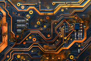 Computer motherboard circuit, highlighting the intricate design and electronic components of modern technology