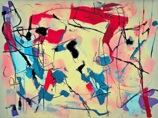 Random messy abstract art painting design in muted red, yellow and blue tones