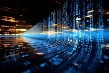 Pixelated binary code and data stream encryption concept with glowing dots on digital interface