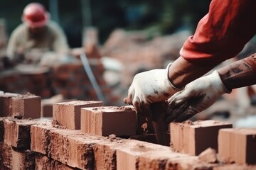 Skilled male builder constructing a red brick wall with precision using a trowel and a brick