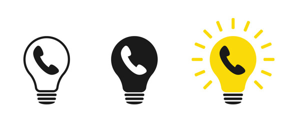 Set of light bulb icons with telephone handset, illustration - obrazy, fototapety, plakaty