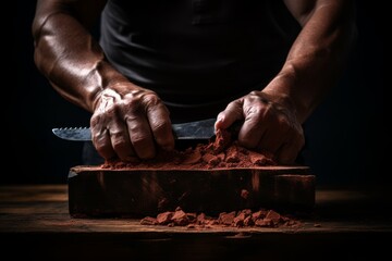 Skilled male builder constructing red brick wall with trowel and brick in hand, masonry work