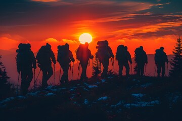 Group of People Hiking Up a Hill at Sunset - obrazy, fototapety, plakaty