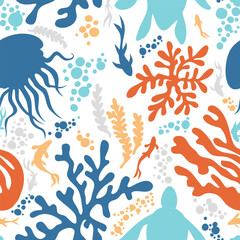 Seamless laconic nautical set kids vector ink pattern with tropical fish corals - obrazy, fototapety, plakaty