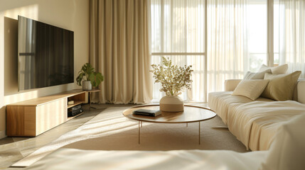 A warm and inviting living room with beige tones, sunlight filtering through sheer curtains, and a minimalist style.
