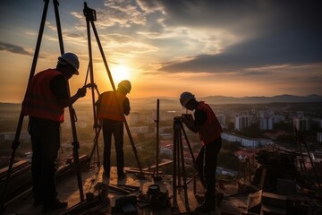 Engineer and construction team working on site at sunset for industry background with light fair