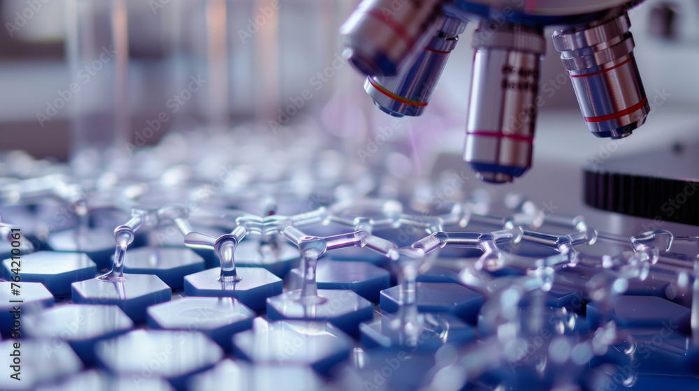 Poster close-up of a microscope with objective lenses focused on a molecular hexagonal model, symbolizing s