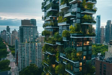 Zelfklevend Fotobehang Urban Sustainability,A tall building with a green roof and a city skyline in the background. The building is surrounded by other tall buildings, creating a sense of urban density © BrightSpace