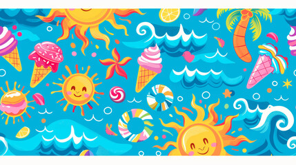 Fototapeta na wymiar Blue background featuring various sea animals such as fish, dolphins, corals, and seahorses. Sun shining in the background adding a warm glow to the underwater scene. Banner. Copy space