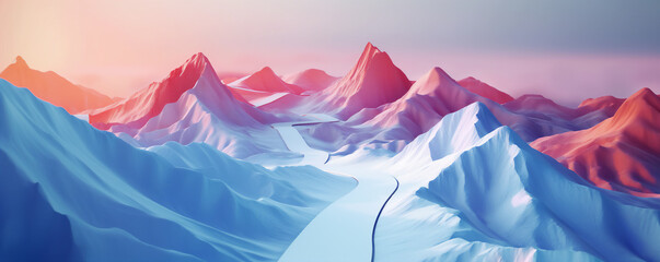 Digital art of a surreal landscape with pink and blue mountain ranges under a soft sunset sky, evoking a tranquil and otherworldly scene - obrazy, fototapety, plakaty