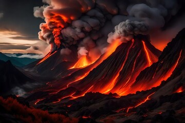 burning fire in the forest, volcanic mountains - obrazy, fototapety, plakaty
