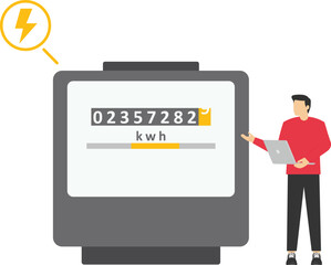 Character monitoring private electricity meter and calculating household utility bill. Woman writes the electricity meter readings. Home energy efficiency audit concept. Vector illustration.

