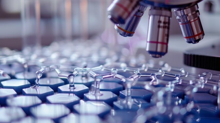 Close-up of a microscope with objective lenses focused on a molecular hexagonal model, symbolizing scientific research.