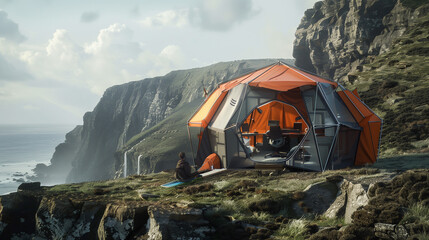 Modern camping tent on a cliff overlooking the sea.