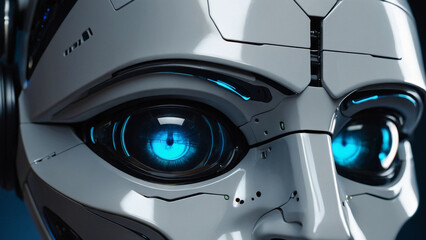Robot face with blue eyes close up