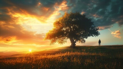 Serene Sunset Landscape with Solitary Figure under Majestic Tree - obrazy, fototapety, plakaty