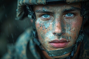 Close-up of a soldier's face smeared with mud, intense blue eyes staring piercingly