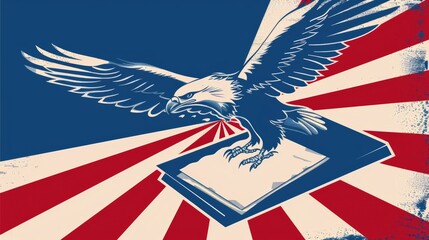 United States of America USA national presidential election day illustration, nation flag with stars and stripes in background, bald eagle with voting paper and ballot box, blue red and white design.