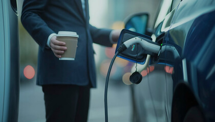 electric vehicle charging station,person is holding an electric vehicle charger plug at a charging station. eco-friendly transportation, electric car technology, and environmental sustainability