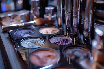 An array of luxury makeup items, from eyeshadows to lipsticks, showcasing beauty industry sophistication - obrazy, fototapety, plakaty