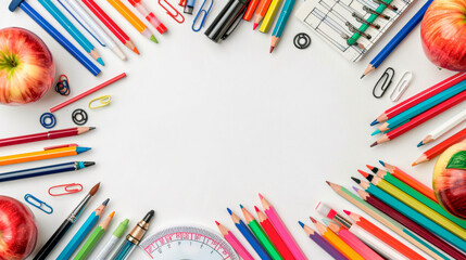 A circle of pencils surrounds an apple and a stopwatch, with various other school supplies scattered around. border frame. First bell. School event. Banner. Copy space - obrazy, fototapety, plakaty
