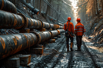 Industrial Workers Inspecting Pipeline in Forest.