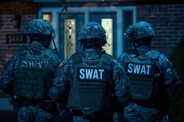 Swat team officers standing in front of a house - obrazy, fototapety, plakaty