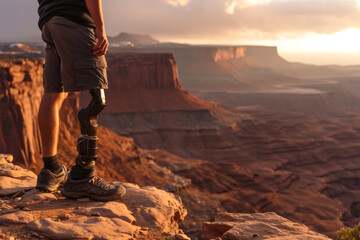Adaptive Athlete with Prosthetic Leg at Canyon. - obrazy, fototapety, plakaty