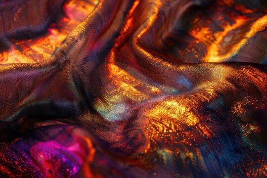 Iridescent chili hues on scifi killers cloak, closeup, shimmering in alien light , photographic style