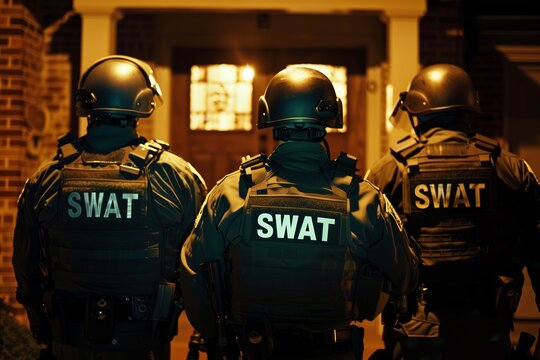 Swat team officers standing in front of a house