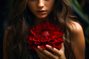 Mysterious Woman Holding a Vibrant Red Flower.