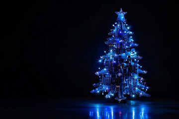 A blue Christmas tree made of circuit boards. Abstract neon lamp blue snowflake shape background object