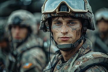 Young soldier with intense eyes wearing tactical gear, with comrades and military vehicle in the background - obrazy, fototapety, plakaty