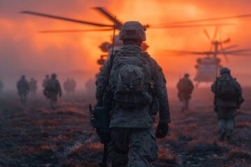 Silhouette of soldiers marching with backpacks against a sunset, helicopters overhead, conveying effort and teamwork in a mission